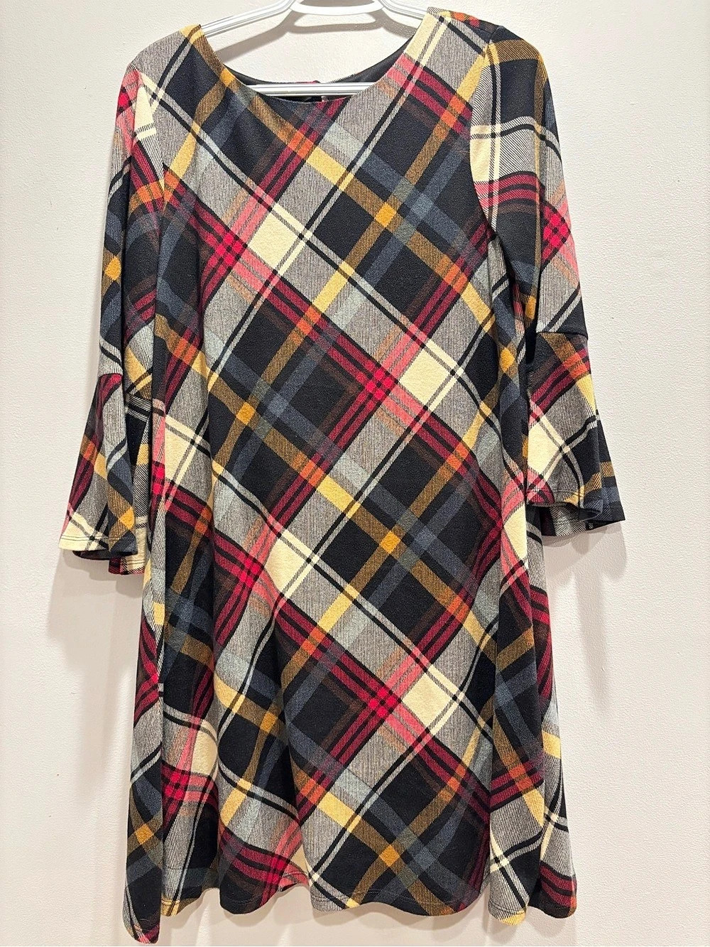 Jessica H Plaid Bell Sleeve Mini Dress in Black & Red Size Medium
